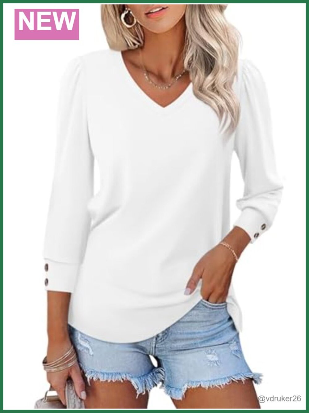 Womens 3/4 Sleeve Puff V Neck Button Tops Casual Summer Shirt